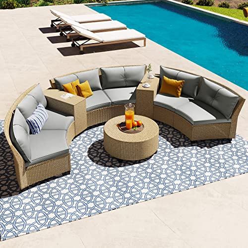 XD Designs 9-Piece Wicker Half Moon Sectional Sofa Set, Patio Conversation Seat Group with Cushions and Coffee Table, Semi-Circle Six-Seater Sofa Constructed, Beige-brown