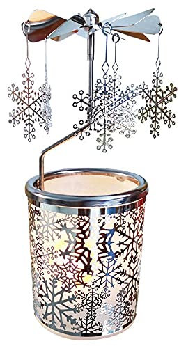 Kingnero Schneeflocke Windlicht Karussell, Glas teelichthalter karussell ，Drehbar Kerzenhalter windmühle Kerze für Weihnachten Geschenke für Kinder (Silber)