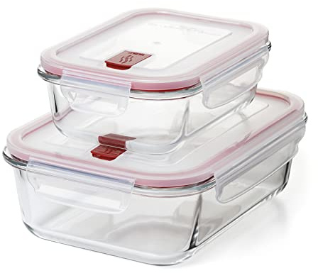 TATAY Boite Alimentaire Verre Cook & Eat | Set 2: 1,5L + 0,64L | Verre Borosilicate | Couvercle Hermétique à Clips, Valve Vapeur | Micro-ondes, Four, Frigo, Congélateur | Sans BPA, Rouge