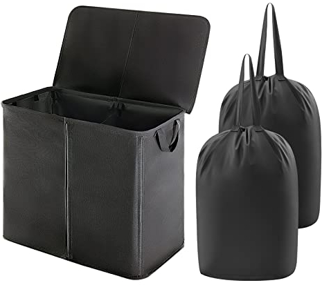 Lifewit 105L Double Laundry Hamper with Lid and Removable Laundry Bags, Divided Laundry Basket with Handles, Large Separated Clothes Basket for Bedroom, Bathroom, College Dorm, Laundry Sorting, Black