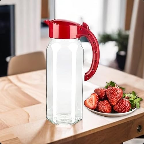 4All Brocca in vetro con coperchio rimovibile, caraffa in vetro da 1,5 litri, brocca per acqua, succo, latte, limonata, per succhi, tè, caffè, bevande (rosso)