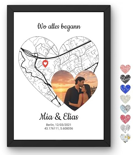 Poster personalizzato coppia con foto mappa luogo incontro GPS cuore nomi data con o senza Cornice Tela Plexiglass Quadro – Regalo coppia Dove tutto è iniziato San Valentino anniversario