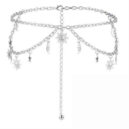 RUGBOL Bauchkette, Kettengürtel, Taillenkette, Silberkettengürtel, Körperkette, Schmuck für Frauen und Mädchen, Jeanskleider