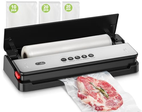 Bonsenkitchen Vakuumiergerät, für Trockene und Feuchte Lebensmittel Vakuumierer mit Eingebauter Cutter, 1 Rolle Folienbeutel, 50 Profi-Folienbeutel