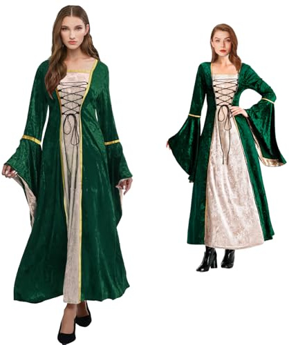Tutukyle Abito rinascimentale da donna, stile retrò, medievale, con corsetto vittoriano, maniche a tromba, gotico, maxi abito da donna per Halloween, verde, xxl