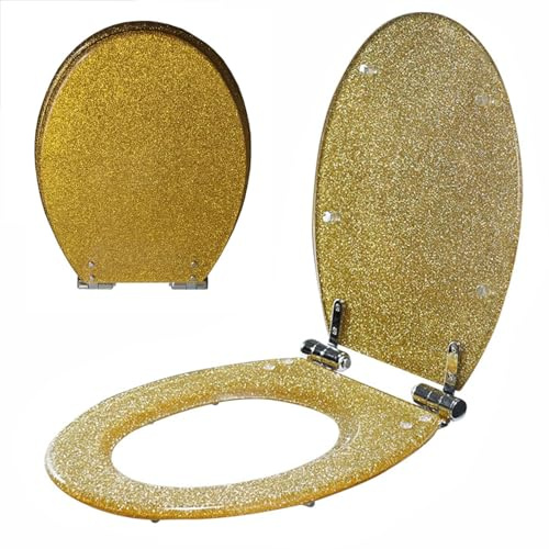 Gold Glitzer WC Sitz mit Absenkautomatik, Toilettendeckel aus Harz, Top-Installation 42x36cm Oval Toilettenbrille, WC Deckel mit 360° Verstellbaren Scharniere aus Edelstahl, Leicht zu Reinigen