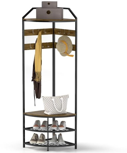 Youyijia 4-Tier Metall-Eck-Garderobenständer, freistehende Eck-Garderobe für den Flur, Flurgarderobe mit 10 beweglichen Haken und Holzablage für Flur, Schlafzimmer und Eingangsbereich (Braun)