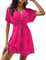 Satohom Femme Robe Couleur Unie d’été à Manche Courte Feuille de Lotusen Col V Mi-Longue Plissé Chic Élégant Imprimé Décontracté Plage Robe Ceinturée Manches Courtes Jupe Trapèze Chiffon