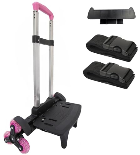 Carro de mochila plegable ligero – Carro de mano rosa de 3 ruedas con correa, carrito plegable portátil para mochila, viajes, desplazamientos y uso diario