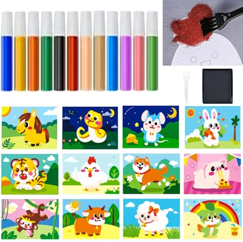 Barlone Lot de 12 tableaux de sable pour enfants à partir de 3 ans - Avec sable coloré - Pinceaux - Table de sable - Pour la peinture DIY - Pour enfants - Bricolage - Fille - 3 ans