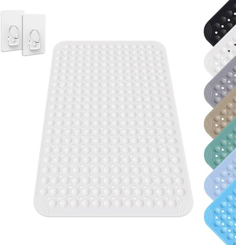 Tappetino Doccia, 60 x 90 cm Tappeto Doccia Quadrato Lavabile in Lavatrice con Ventosa, Tappeto Doccia in PVC Antiscivolo, Tappeto Massaggiante Antiscivolo per Doccia, incl. 2 Ganci, Bianco
