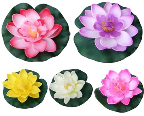 Jorzer 5 Flores de Loto Artificiales de EVA de 4 Pulgadas y 5 Colores con nenúfar para decoración de jardín Estanque Piscina Acuario pecera Agua.