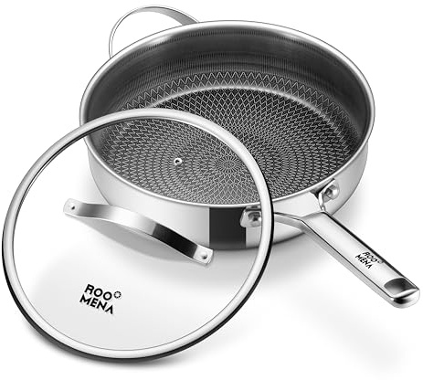 Roomena Saute Pan with Lid, Hybrid Ceramic Nonstick 12 Inch 5-Quart Tri-Ply Stainless Steel Skillet, PFAS/PFOA/PTFE Free, Metal Utensil Safe, Dishwasher & Oven Safe, Induction Compatible