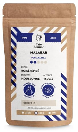 Café Bonnac – Café En Grain Inde Malabar Moussonné 500gr | 100% Arabica Traditionnel | Notes De Céréales, Poivre Doux Et Bois Sec | Torréfaction Artisanale | Idéal Machine À Café Grain