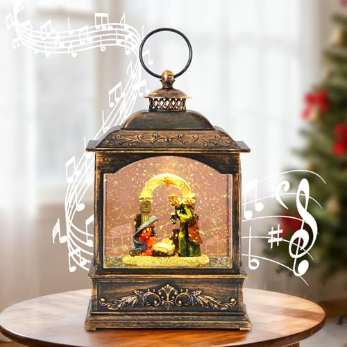 Ubrvhrt Palla di Vetro Natalizie Globo di Neve Musicale con Presepe, Magica Lucerna LED ad Acqua Rotante per Decorazioni Natalizie, Timer 6 Ore, 21 cm, Alimentazione USB o a Batteria