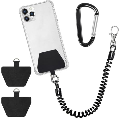 KIRZAX Cadena de Teléfono Móvil Cable Espiral Flexible,Cordon para Movil Universal,Protección Antirrobo y Anticaída,con Mosquetón y 2 Parcheas Compatible con iPhone/Samsung/Huawei (Negro)