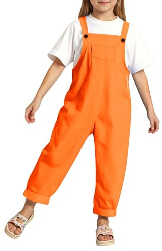 Girls Jumpsuit Adjustable Spaghetti Strap Loose Overalls Rompers, Cotton Baggy Plain Playsuits Long Pants Dungarees with Pockets for Age 5-12 Years Orange