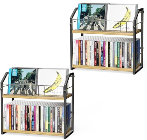 TJ.MOREE 2 Tier Vinyl Record Holder, 56 Capacity CD Rack/Storage/Holder, Industrial Retro Carbon Steel/Wood, Space Saving Desktop Organizer (Light Yellow)