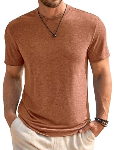 Runcati Camiseta para hombre de cuello redondo, manga corta, verano, corte regular, deporte, fitness, camiseta funcional, monocolor, básica, camiseta de negocios, marrón, L