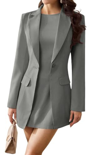 ORANDESIGNE Vestido y Blazer Mujer Conjunto 2 Piezas Elegante Vestido sin Mangas y Blazer Largo Mini Vestidos Formal Oficina Negocios Fiesta A Gris XS