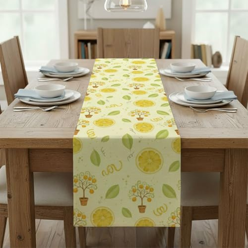 Yellow Lemon Slices Green Leaves Holiday Table Runners Easter Runner Table Turner for Dining Spring Party Decorations Spring Theme for Home Kitchen Dining Holiday Decor 14 × 108 inch