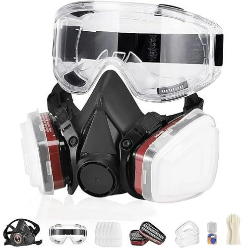 Huzoomtoyz Masque respiratoire réutilisable demi-visage avec lunettes de protection, masque à gaz avec 2 filtres et 10 cotons filtrants pour bricolage, peinture, poussière, soudure, masques de