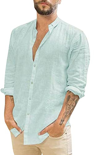 DGZTWLL Camisa Henley de manga larga para hombre, mezcla de lino, casual, cuello en V, manga enrollable, tela ligera y transpirable para uso diario y playa