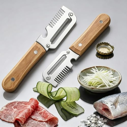 Pelatore da Cucina Multifunzionale, Pelapatate Di Alta Qualità Con Manico in Legno E Apribottiglie, Coltello per Verdure Julienne, Utensile Da Cucina Con Lama in Acciaio Inossidabile per Frutta