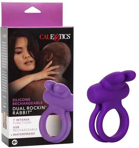 CalExotics Silicone Rechargeable Dual Rockin’ Rabbit Enhancer, Vibrating Cock Ring for Couple Adult Sex Toy Purple SE-1843-20-3
