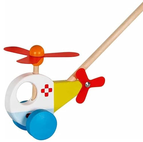 goki 54891 Schiebefahrzeug Helikopter aus Holz, 52 cm inkl. Schiebestab – drehbarer Propeller, Lauflernhilfe, Motorikspielzeug ab 18 Monaten