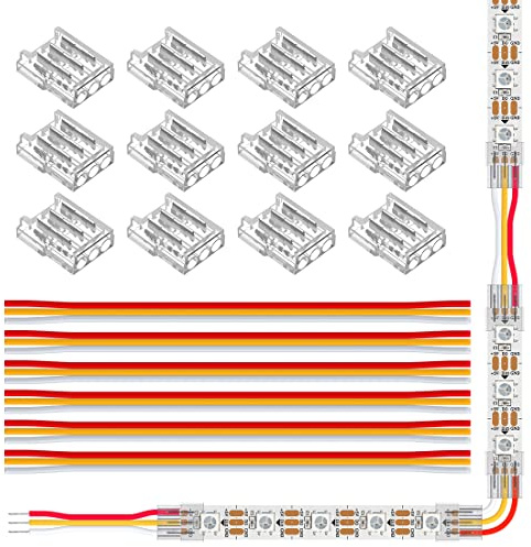 SEZO Conectores de Cinta LED Conector de Esquina LED 12 piezas SMD de 3 pines 10mm Transparente Inalámbrico sin Costura Board to Wire Connectors + 6 hilos de Extensión de 15cm de Largo 22AWG