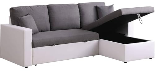 Habitat et Jardin - Canapé d'angle Convertible et Réversible Alain 3 Places Blanc et Gris - Canapé Lit Moderne en Tissu Lin - Espace de Stockage (Méridienne) - Design
