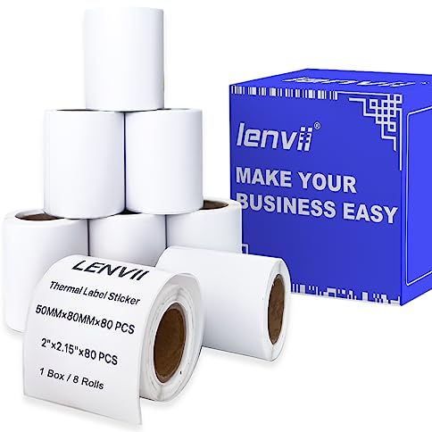 LENVII 50mm x 80mm Etichette Adesive Termiche,2 x 3.15 pollici Etichette Termiche,Impermeabile/Resistente all'attrito Per le Stampanti Di etichette Portatili e Desktop(1 rotolo 80 pezzi / 8 rotoli)