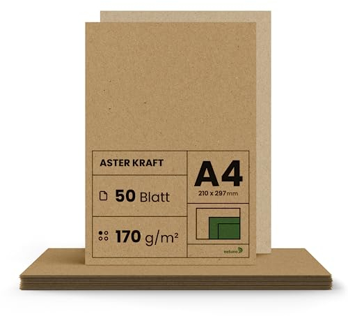 Netuno 50x Kraftpapier 170g DIN A4 210 x 297 mm Aster Kraft braunes Kraftpapier a4 Bastelpapier Kraftpapier Karten Vintage Kartonpapier a4 braun für Drucker Natur-Papier craft Kraftpapier Recycling