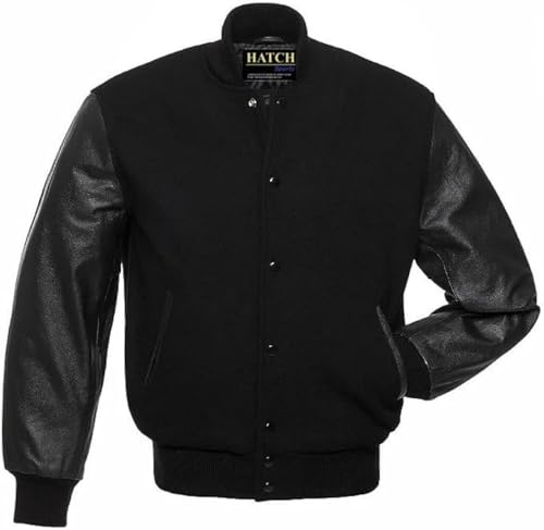 Hatch Sports Men’s Varsity Baseball Jacket Wool Body Genuine Leather Arms Letterman Jacket College Varsity Jackets (as1, alpha, xx_l, regular, regular, All Black (no trim))