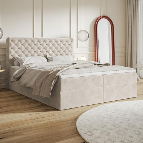 MOTIVENA Nero Chesterfield Boxspringbett 180x200 mit Bettkasten und Topper, Polsterbett 180x200 mit Bettkasten, Taschenfederkern-Matratze (H3), Visco Topper (H2), Samt, Beige (Creme)