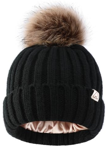 Hat Hut Berretto Bambino Invernale Foderato in Raso per Capelli, Bambini Caldo Cappello a Maglia Pompon Morbido Beanie per Ragazzi Ragazze (IT, Testo, Taglia Unica, A1-Nero)