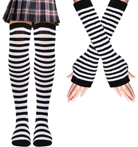 Mayoii Oberschenkelhohe Socken, fingerlose Handschuhe, Set, lange Socken für Damen und Mädchen, Arm- und Beinwärmer, Schwarz-weiße Streifen, M-L