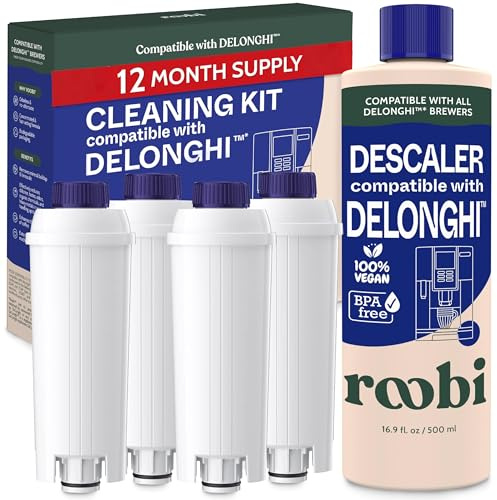 Roobi Compatible DeLonghi Coffee Machine & Espresso Machine Descaler Kit (1 Bottle of Descaling Solution & 4 Water Filters). 1 Year Supply. Carbon Neutral & Eco-Friendly