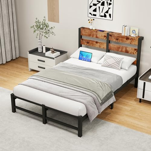 VERFARM Marco de Cama de Metal 120 x 200 cm, Matrimonial e Individual Moderna, Con Somier, Espacio de Almacenamiento y Cabecero, Para Dormitorio Juvenil