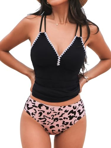 CUPSHE Tankini 2 pièces pour femme - Contrôle du ventre croisé dans le dos - Taille mi-haute - Coutures coquilles, Noir/léopard, Taille S