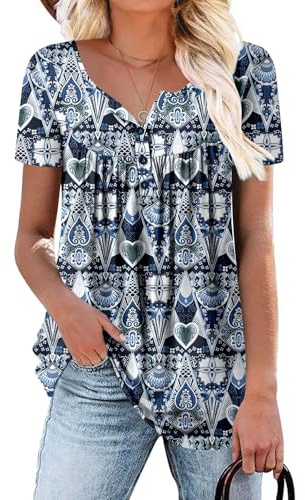 KISSMODA Womens Short Sleeve Blouse Shirts Casual V Neck Checked Tops DBluePattern Medium
