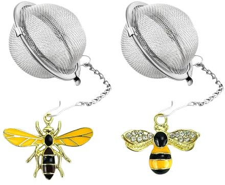GlamRays Steel Mesh Tea Infuser, 5cm Tea Ball with Honey Bee Pendant, Pack of 2