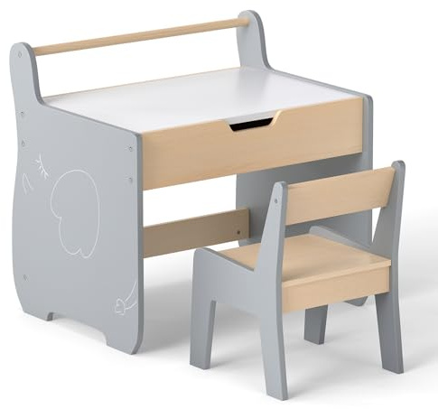 COSTWAY Kids Table and Chair Set, Wooden Children Table with Reversible Blackboard Tabletop, Paper Roll Holder, Toddler Activity Furniture for Learning, Drawing, Playing (Grey+Natural)