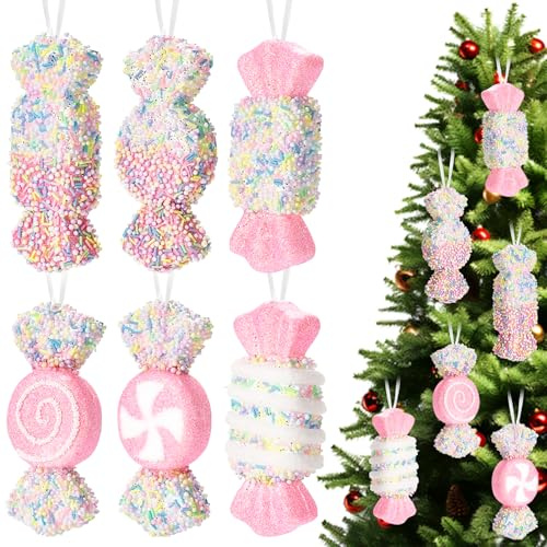 6 Piezas Adornos Arbol Navidad, 14.5 x 5.5 cm Grandes Espuma Decoracion Arbol de Navidad, Adornos Navidad Arbol con Forma de Dulces, Coloridos Decoracion Arbol de Navidad para Chimenea, Fiestas