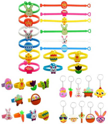 VorPrillynt Gadget Pasqua Bambini, Giocattoli Bracciali Anelli Portachiavi, in Silicone, Pasqua Stuffers Bomboniere, DIY Jewelry Making, Ideali come Regalo di Pasqua e per Feste, 30 Pz