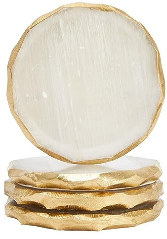 Juvale Natural Selenite Crystal Coasters - Absorbent Surface Barrier & Crystal Drink Coasters - Handcrafted Geode Slices & Gold Decor Accent - Set of 4 for Cups & Bottles - 4-Pack, 3.75-4 in