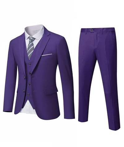 YND Ensemble de costume 3 pièces pour hommes coupe slim avec cravate, veste de blazer unie, pantalon, beige, taille UK, violet intense, M