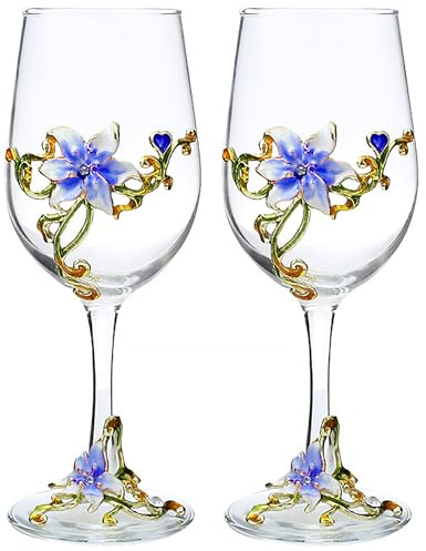 XUDREZ Handmade Painted Enamel Flower Gin Balloon Glass Wine Glass Set, Red Wine Set of 2, Birthday Gifts for Women Mum Friends Mothers Day, Lead-Free (Blue Lily(Set of 2))