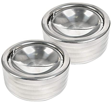 Set di 2 posacenere in acciaio inox con coperchio per uso esterno con coperchio antivento nero in acciaio inox con coperchio girevole argento 11,7 x 5,5 cm Posacenere da parete esterno in acciaio inox
